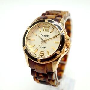 Armitron Womens Tortoise Brown Watch Gold Tone Acrylic Bracelet w New Battery